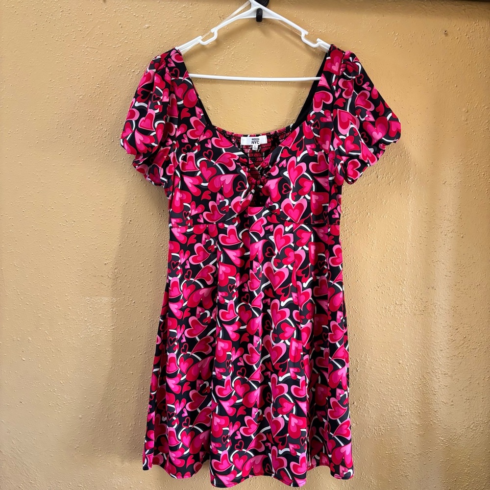 Madden NYC Women Pink Heart Print Mini Dress Heart Ring Cutout ND094C L